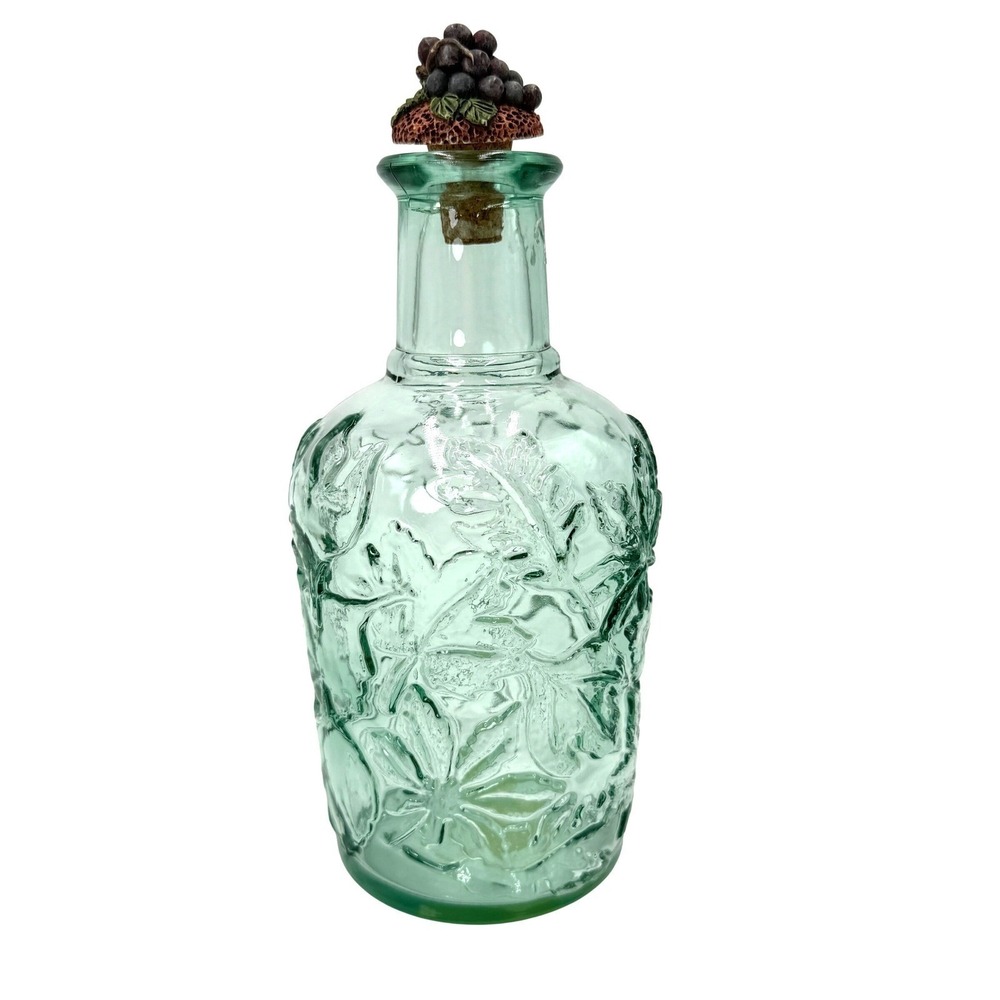 Vintage Style Green Embossed Floral Glass Bottle with Grape Stopper Made Canada